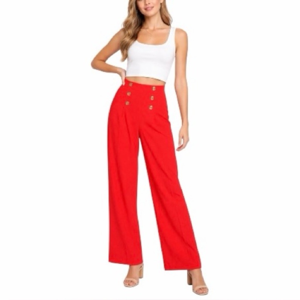 Ann Taylor Petite Red High Waist Wide Leg Sailor Trousers with Buttons Size 00P
